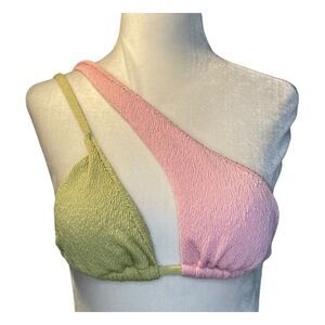 Zaful Bikini Top Pink Green Crinkle Two Tone One Shoulder Half Triangle Half Wra